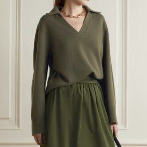 Nili Lotan Silvio Cashmere Olive Green V-neck Polo Sweater, S